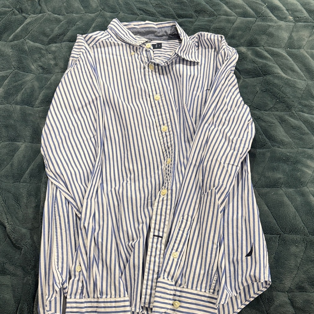 Nautica White and Blue Vertical Stripe Dress Shirt